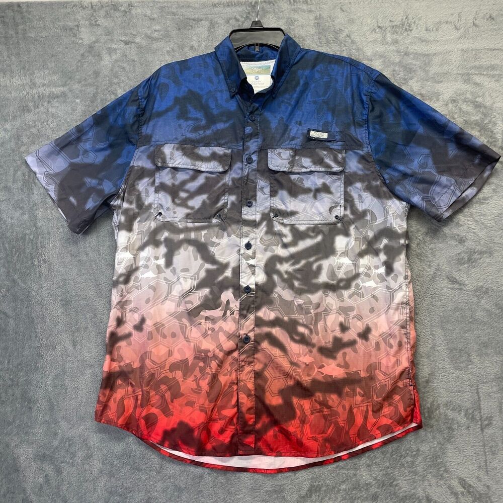 Ocean Coast Shirt Men's L Red White Blue Fishing Beach Short Sleeve Vented